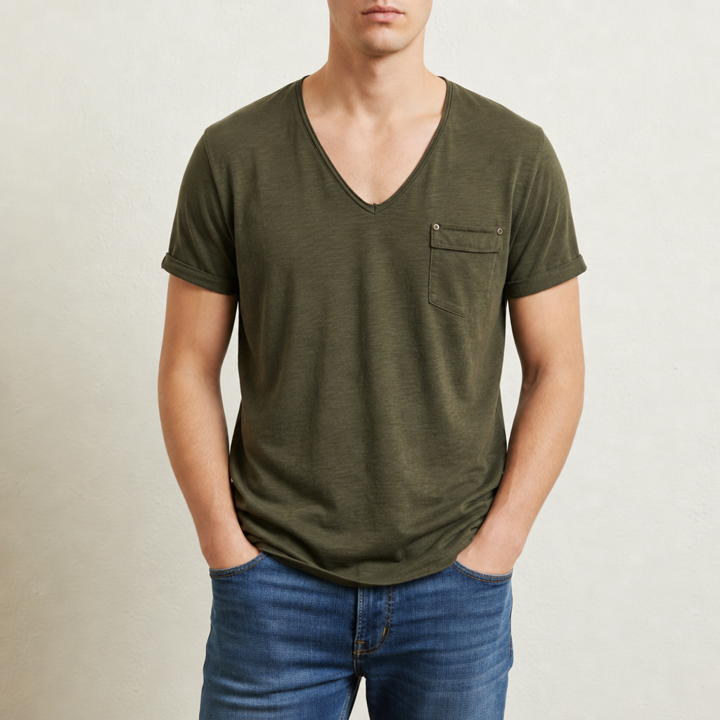 Beziers Deep V-Neck Pocket Tee in Olive Green