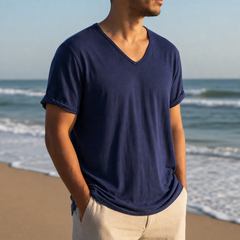 Grasse V-Neck Cotton Tee in Dark Blue