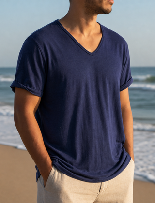 Grasse V-Neck Cotton Tee in Dark Blue