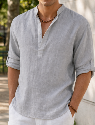 Begur Linen Henley Shirt in Gray