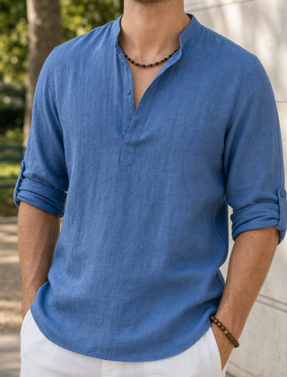 Begur Linen Henley Shirt in Denim Blue