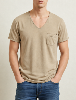Beziers Deep V-Neck Pocket Tee in Khaki
