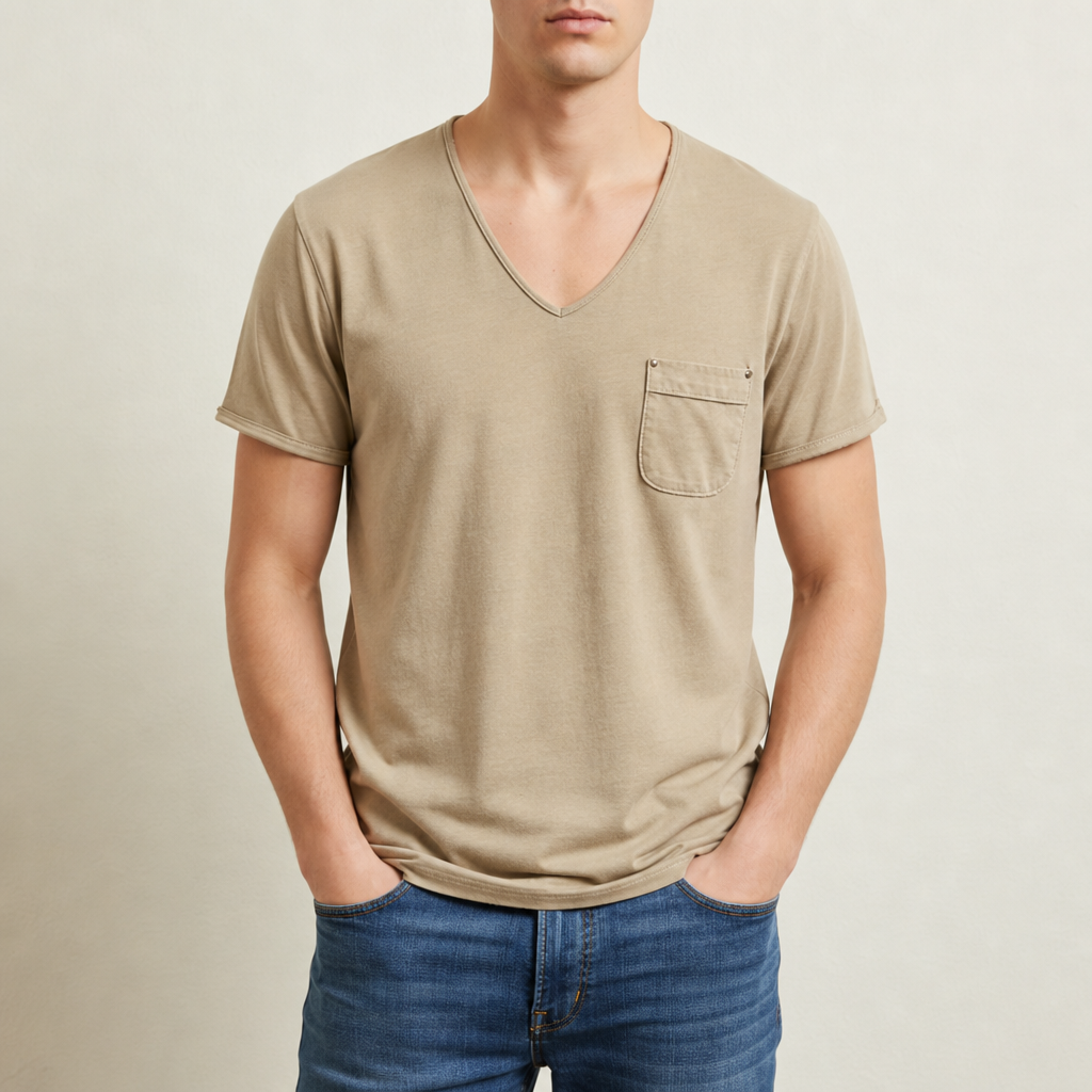 Beziers Deep V-Neck Pocket Tee in Khaki