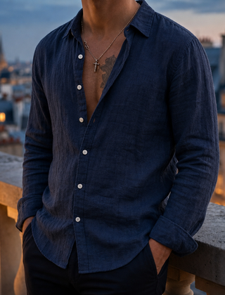 Cordoba Linen Long Sleeve Shirt in Navy