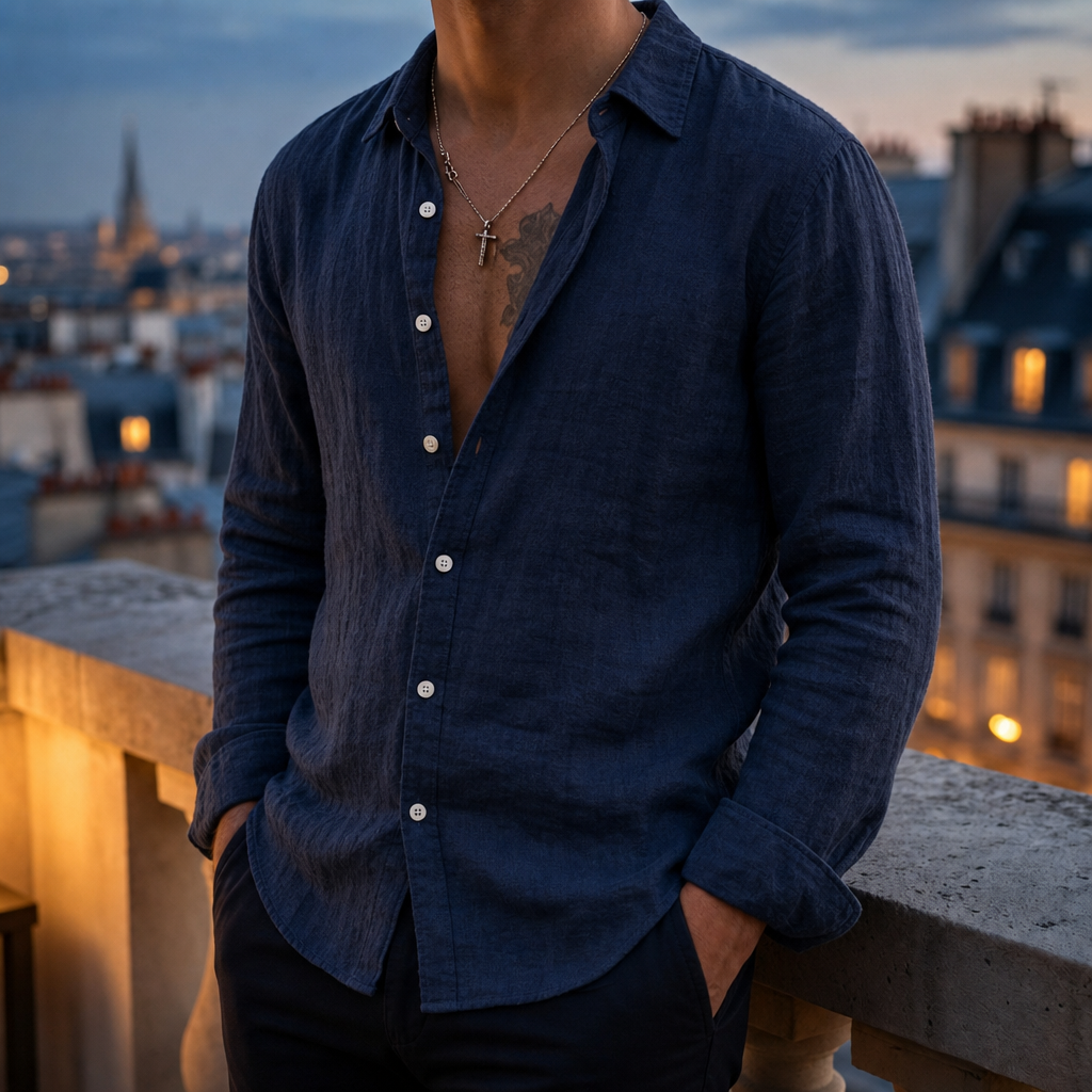 Cordoba Linen Long Sleeve Shirt in Navy