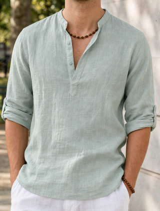 Begur Linen Henley Shirt in Lime Green