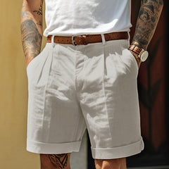 Men's Work Shorts | Pleated Front Rolled Hem Linen Blend
