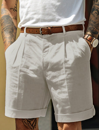 Men's Work Shorts | Pleated Front Rolled Hem Linen Blend