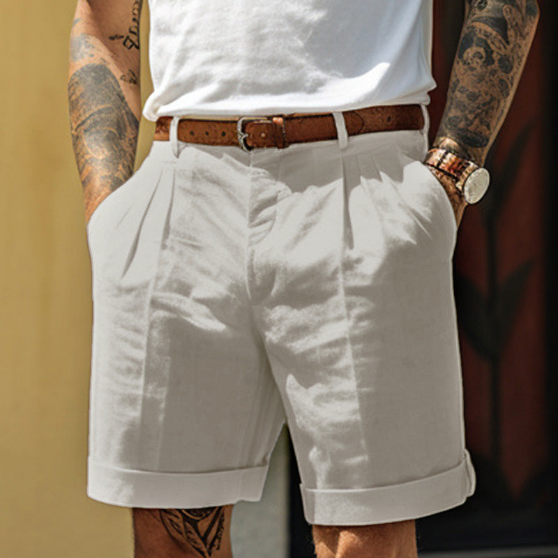 Men's Work Shorts | Pleated Front Rolled Hem Linen Blend