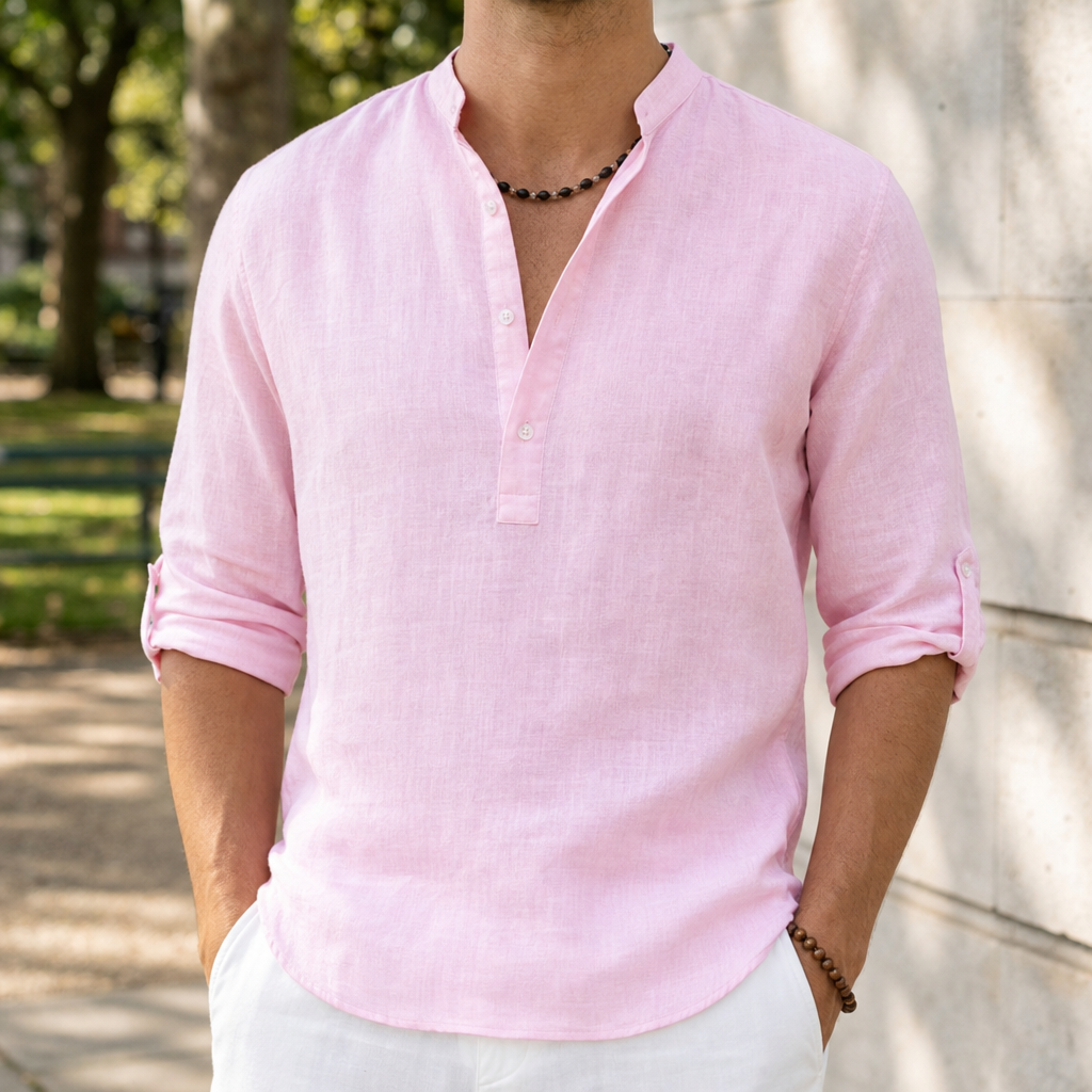 Begur Linen Henley Shirt in Pink
