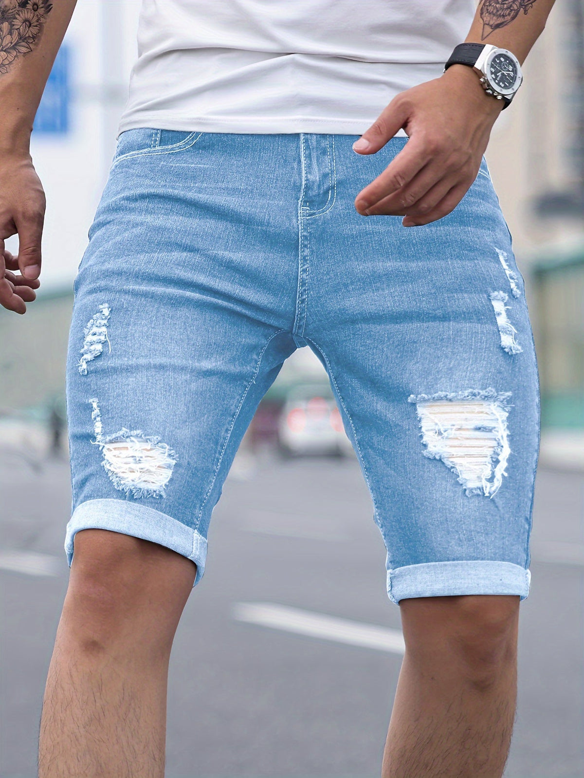Men's Denim Shorts | Skinny Fit Distressed Rolled Hem