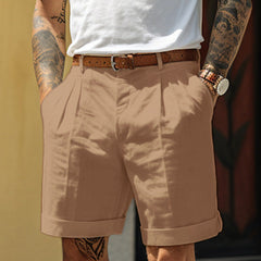 Men's Work Shorts | Pleated Front Rolled Hem Linen Blend