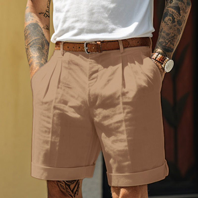 Men's Work Shorts | Pleated Front Rolled Hem Linen Blend