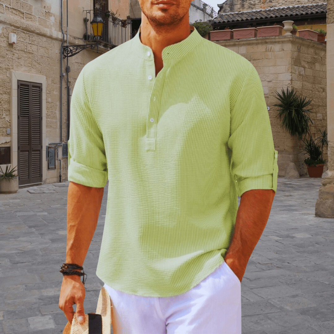 Men's White Shirt | Henley Collar Textured Knit Three Quarter Sleeve