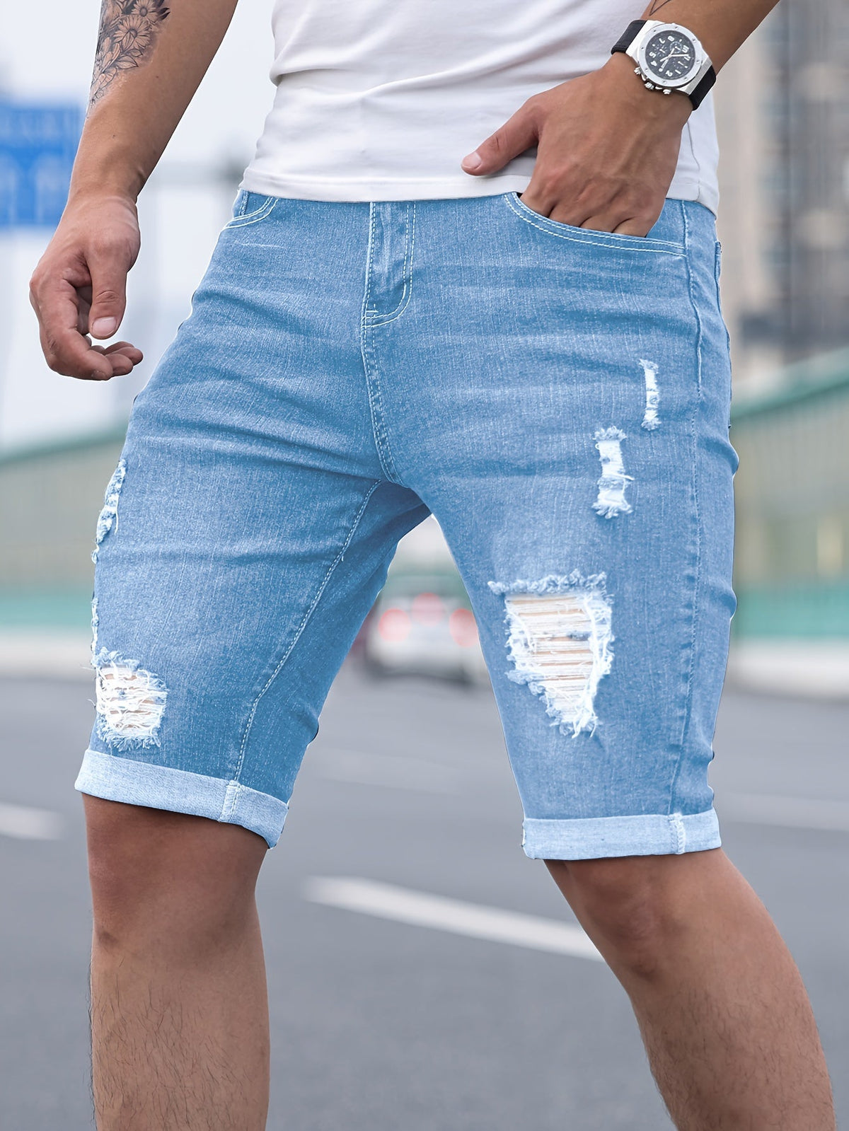 Men's Denim Shorts | Skinny Fit Distressed Rolled Hem