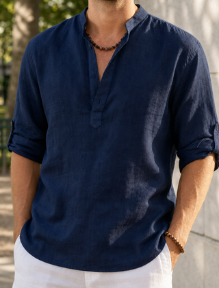 Begur Linen Henley Shirt in Navy Blue