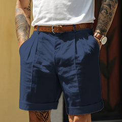 Men's Work Shorts | Pleated Front Rolled Hem Linen Blend