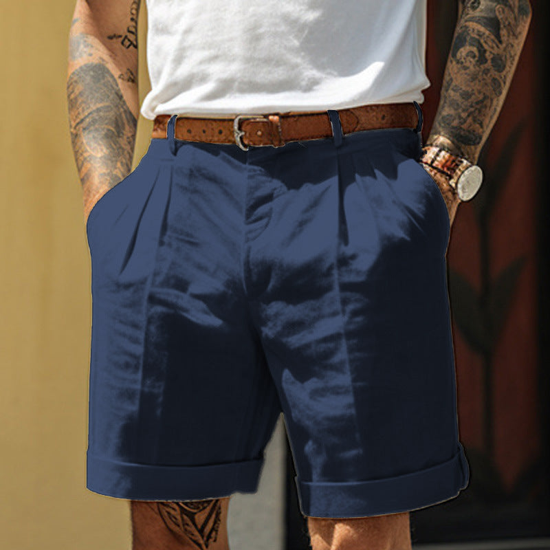 Men's Work Shorts | Pleated Front Rolled Hem Linen Blend