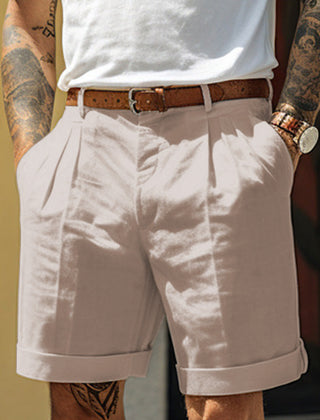 Men's Work Shorts | Pleated Front Rolled Hem Linen Blend