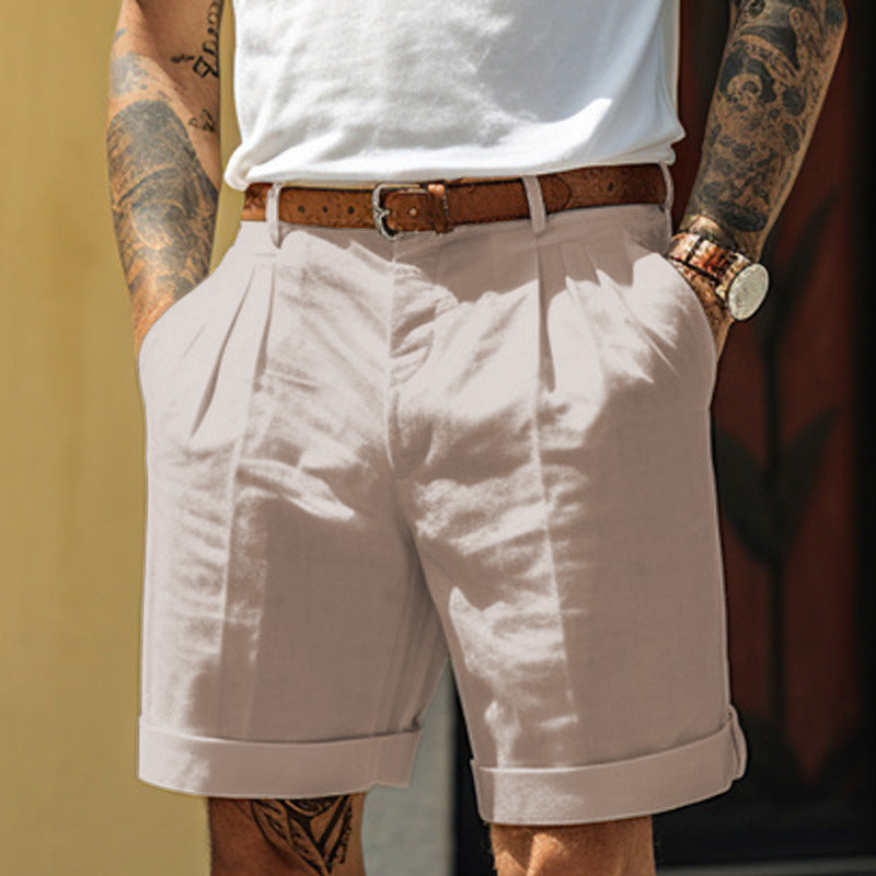 Men's Work Shorts | Pleated Front Rolled Hem Linen Blend