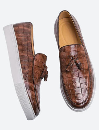 Brown Slip On Shoe For Men | Rounded Toe Leather Tassel Loafer