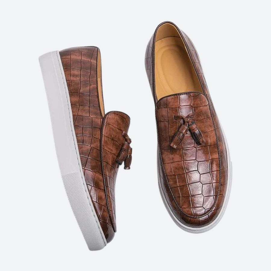 Brown Slip On Shoe For Men | Rounded Toe Leather Tassel Loafer