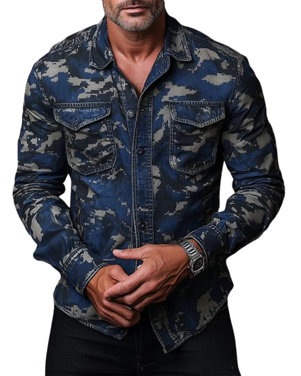 Men's Denim Shirt | Camouflage Print Button Down Long Sleeve