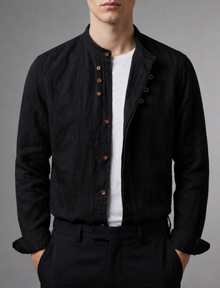 Men's Linen Shirt | Mandarin Collar Button Front Relaxed Fit