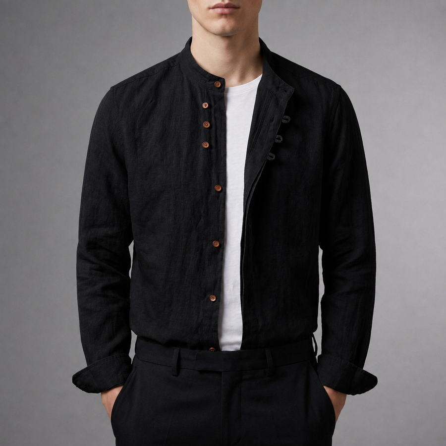 Men's Linen Shirt | Mandarin Collar Button Front Relaxed Fit