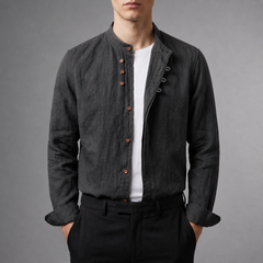 Men's Linen Shirt | Mandarin Collar Button Front Relaxed Fit