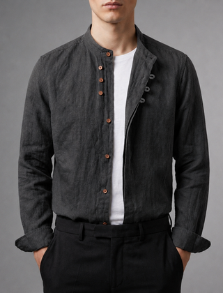 Men's Linen Shirt | Mandarin Collar Button Front Relaxed Fit