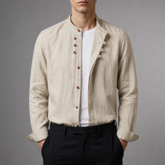 Men's Linen Shirt | Mandarin Collar Button Front Relaxed Fit