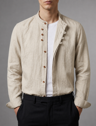 Men's Linen Shirt | Mandarin Collar Button Front Relaxed Fit