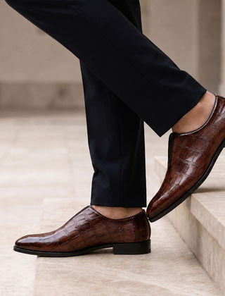 Brown Slip On Shoe For Men | Croc Embossed Leather Loafer Closure
