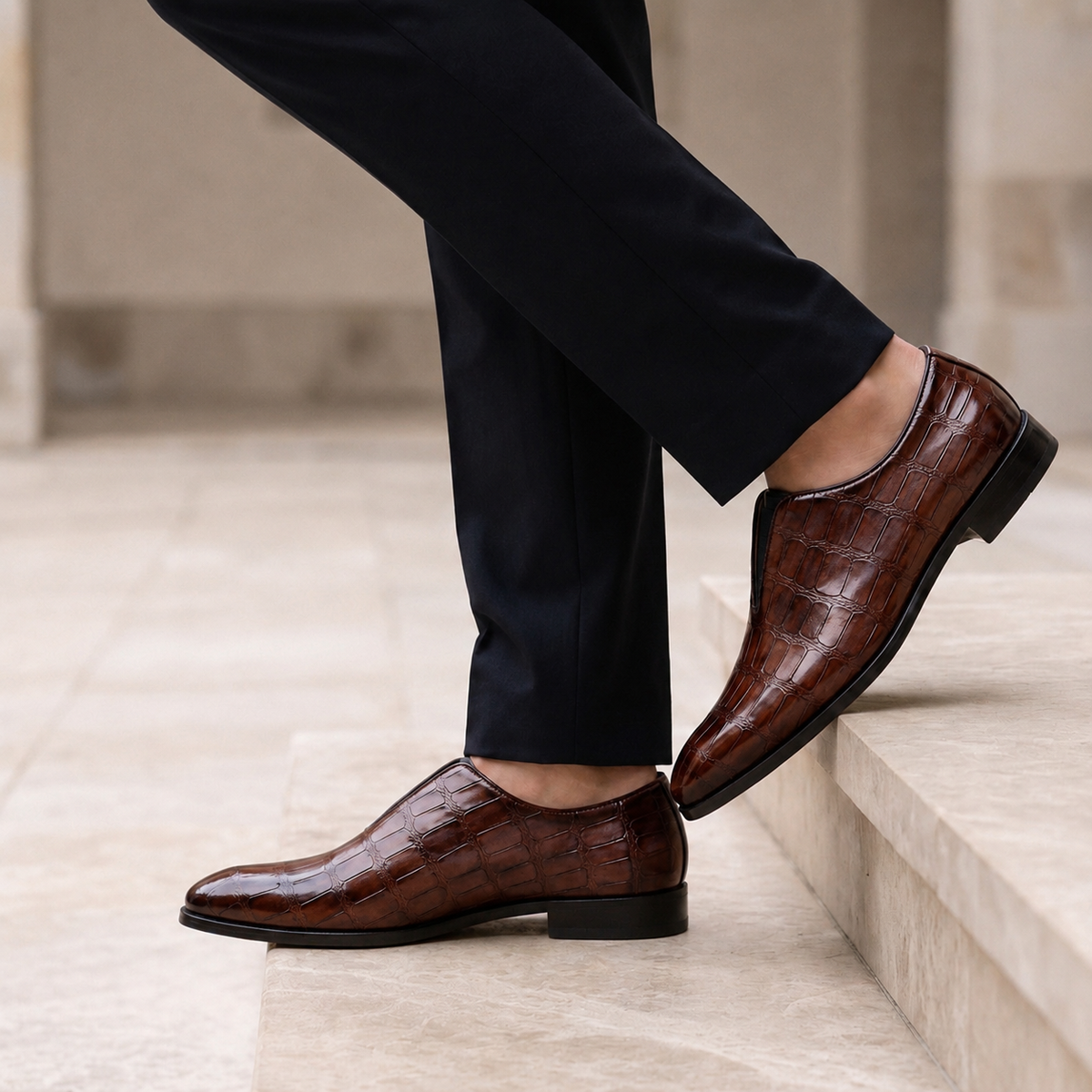 Brown Slip On Shoe For Men | Croc Embossed Leather Loafer Closure