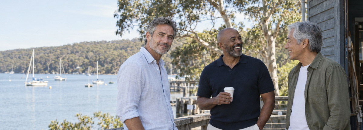 Three men standing on a wooden dock by the water, wearing casual outdoor clothing. One man in a white shirt and beige pants leans against the railing, while the other two stand beside him holding a coffee cup and conversing.