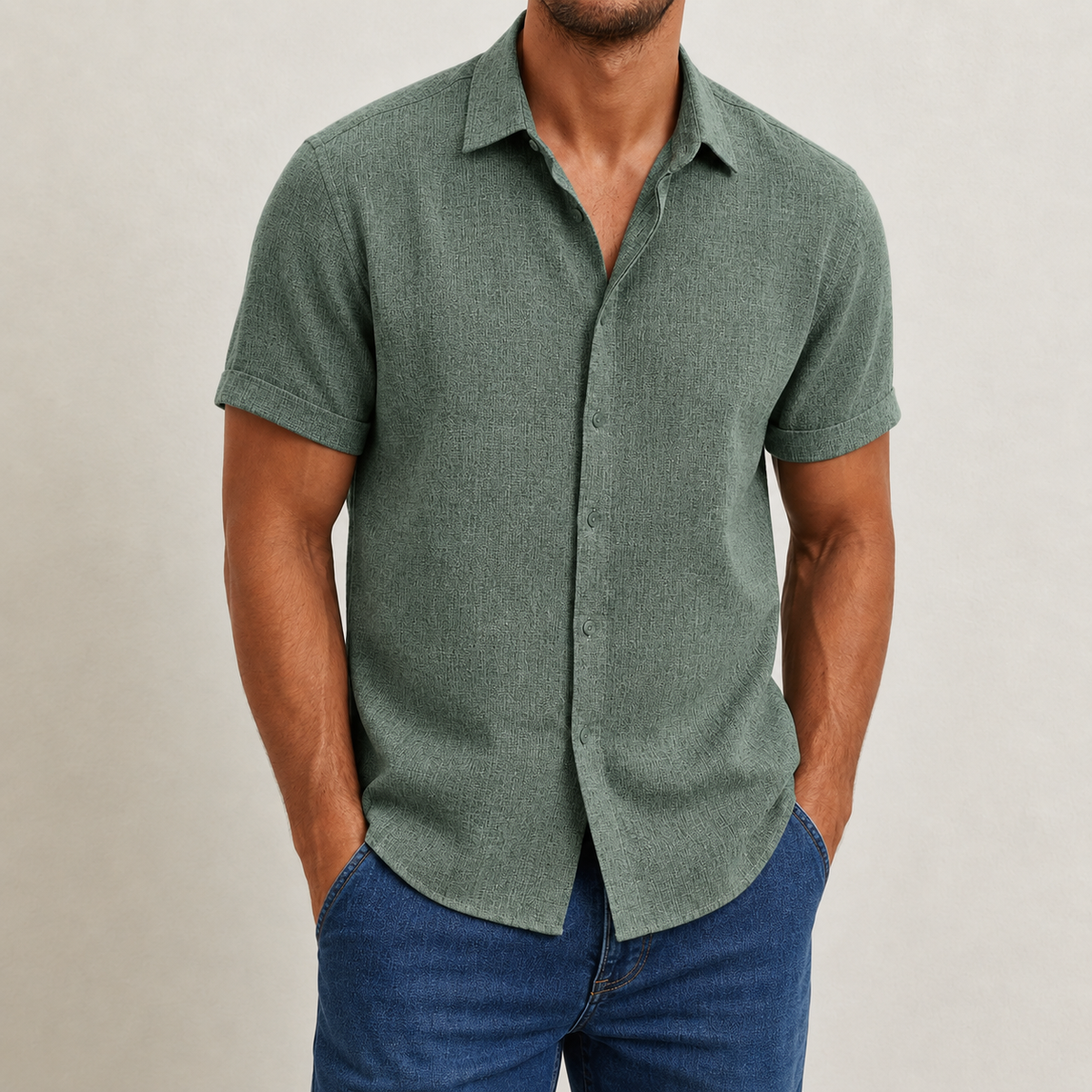 Men's Worker Shirt | Lapel Collar Short Sleeve Linen Blend