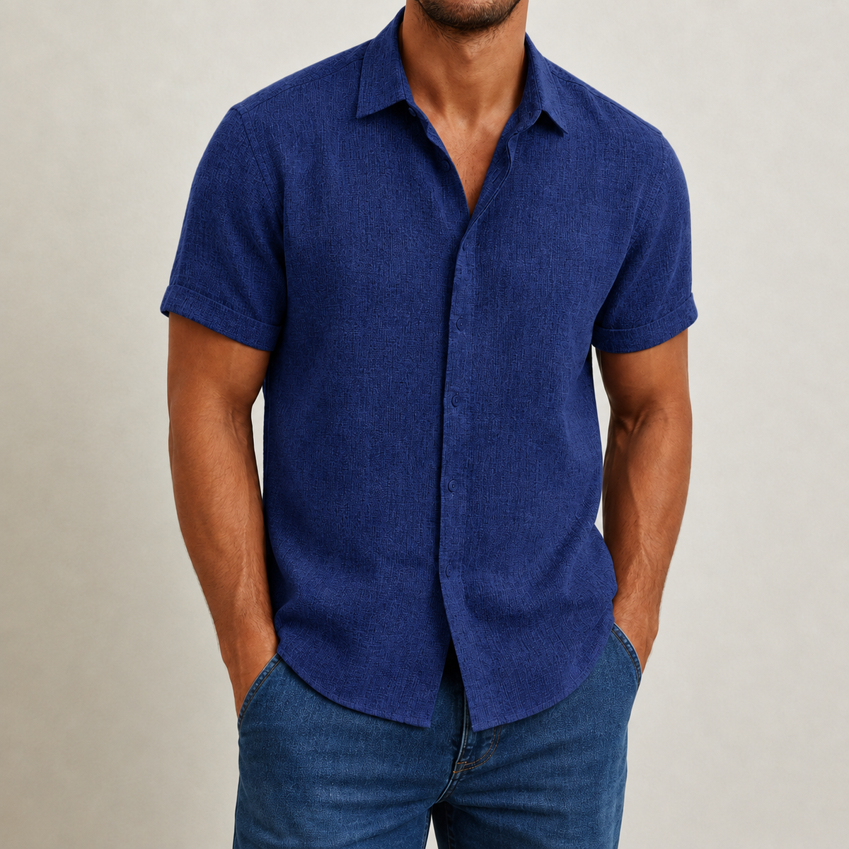 Men's Worker Shirt | Lapel Collar Short Sleeve Linen Blend