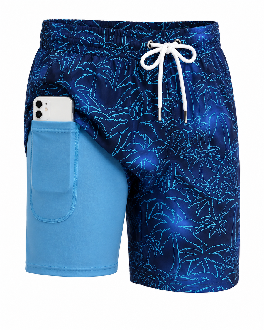 Men's Long Surf Shorts | Tropical Print Quick Dry Drawstring