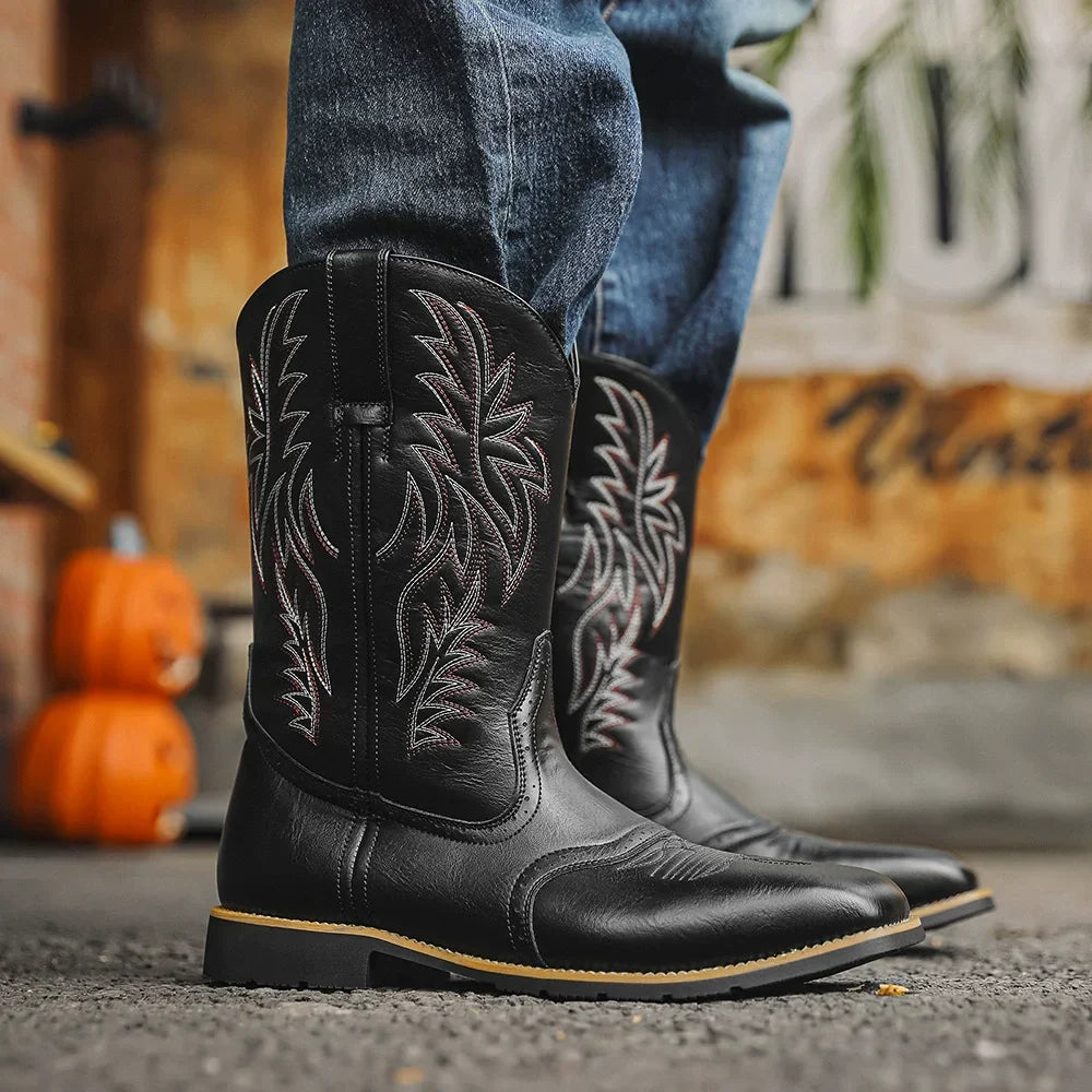 Black Shoes For Men | Pointed Toe Western Embroidered Leather
