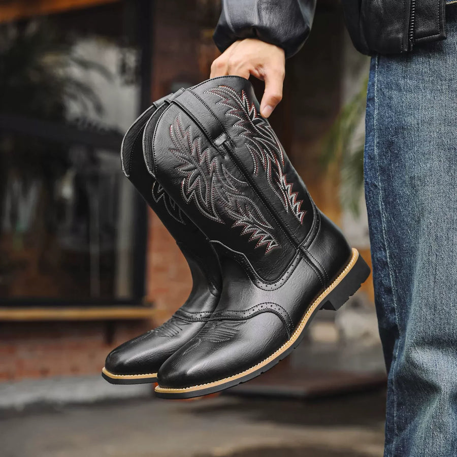 Black Shoes For Men | Pointed Toe Western Embroidered Leather
