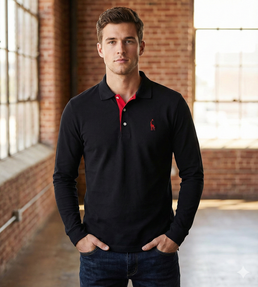 Men's Black Shirt | Polo Long Sleeve Slim Fit