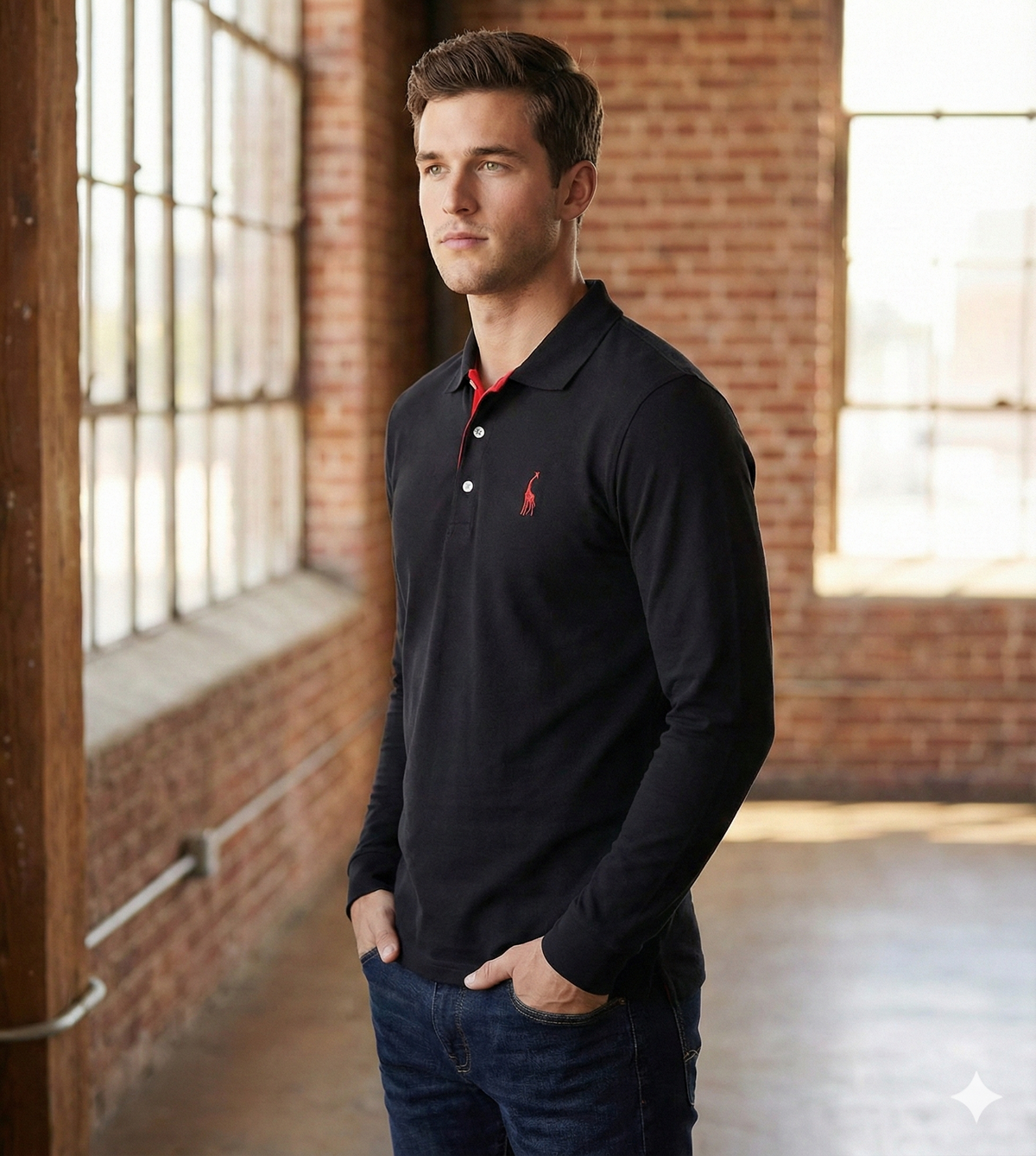 Men's Black Shirt | Polo Long Sleeve Slim Fit