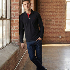 Men's Black Shirt | Polo Long Sleeve Slim Fit