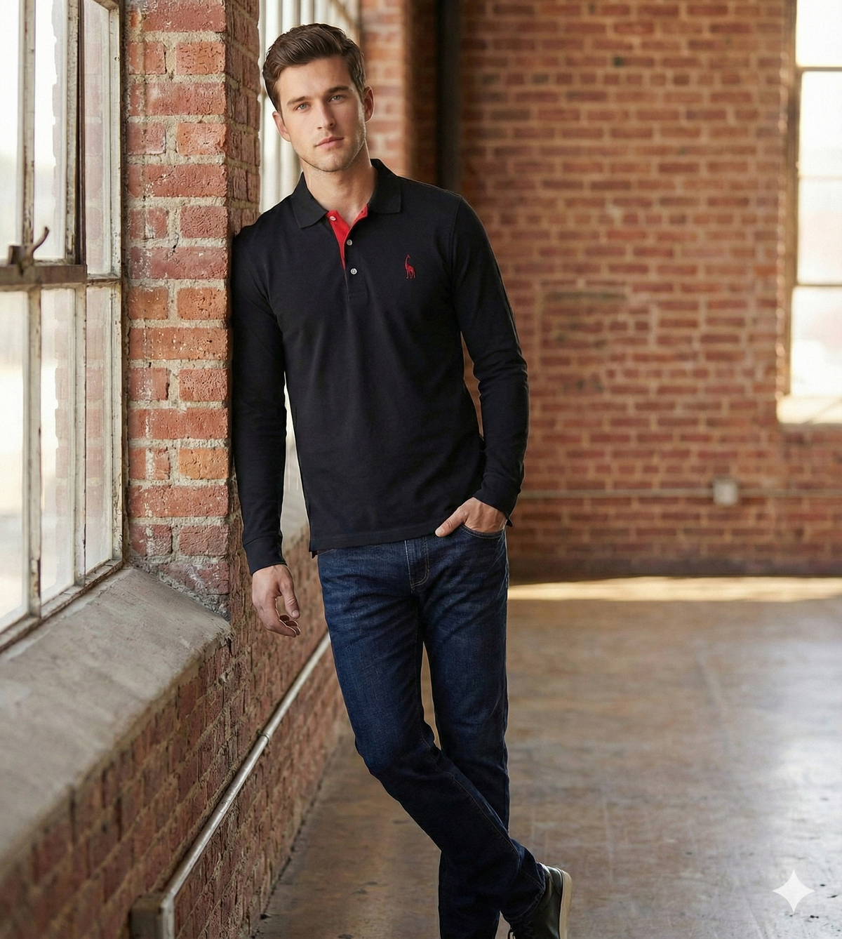 Men's Black Shirt | Polo Long Sleeve Slim Fit