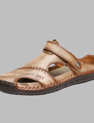 Men's Leather Sandals | Slip-On Flat Sole Stitched Detail