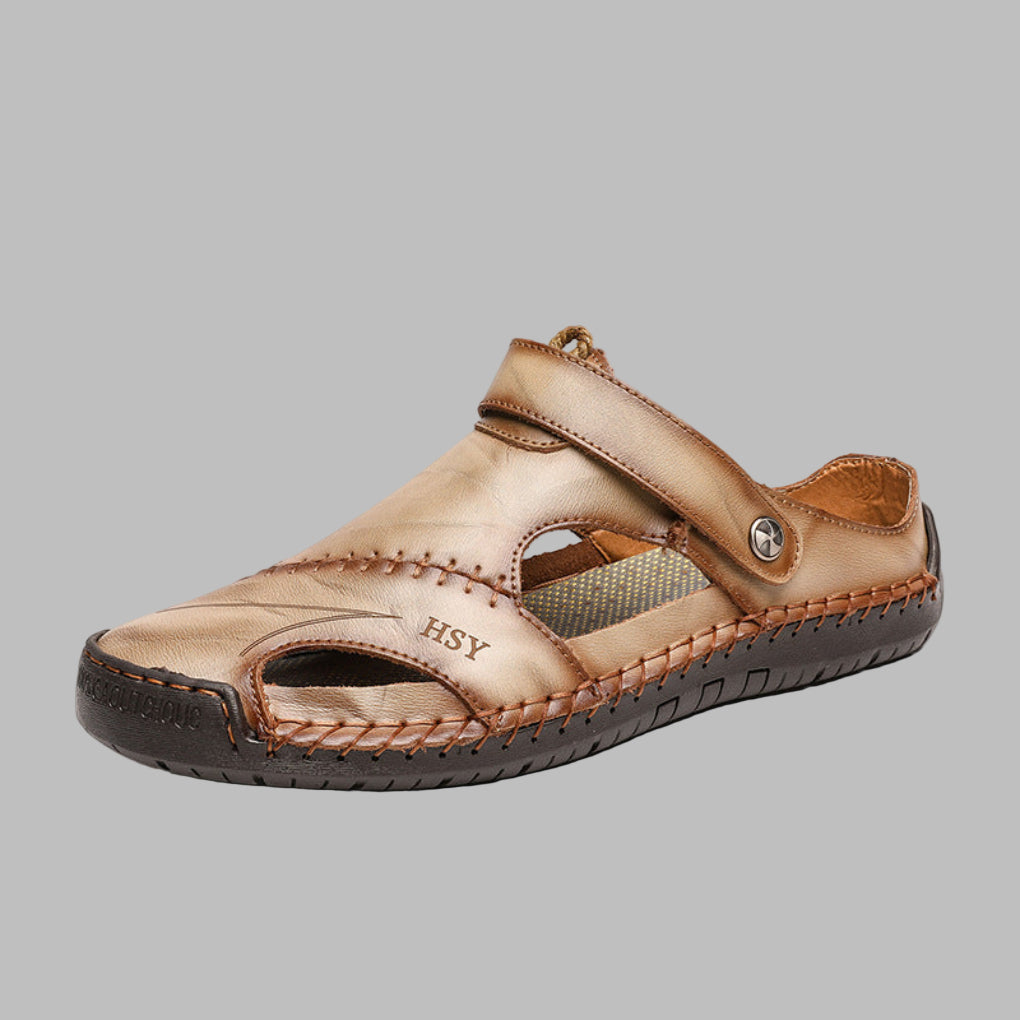 Men's Leather Sandals | Slip-On Flat Sole Stitched Detail