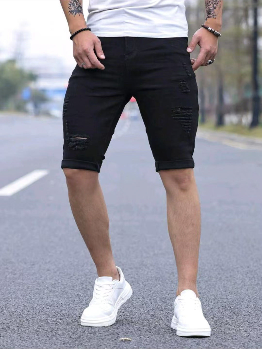 Men's Denim Shorts | Skinny Fit Distressed Rolled Hem