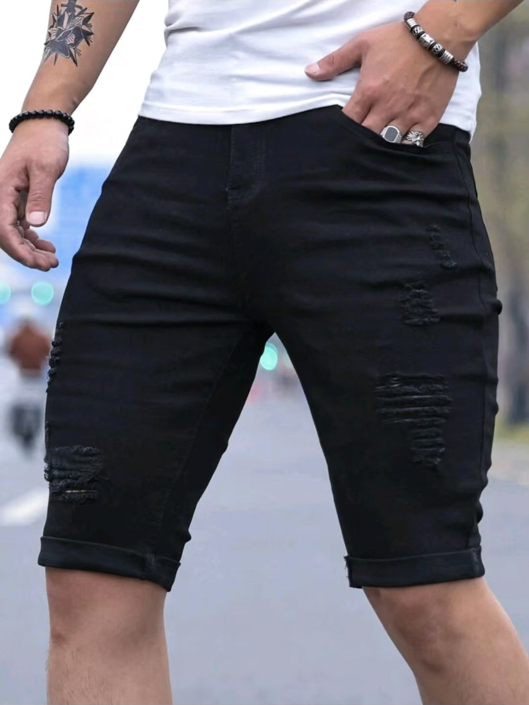 Men's Denim Shorts | Skinny Fit Distressed Rolled Hem