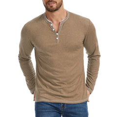 Men's T Shirt | V Neck Button Placket Long Sleeve